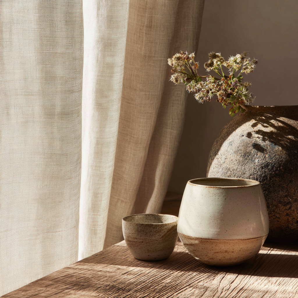 Close-up of natural materials including linen curtains, oak wood, and handmade ceramics styled simply in soft daylight.
