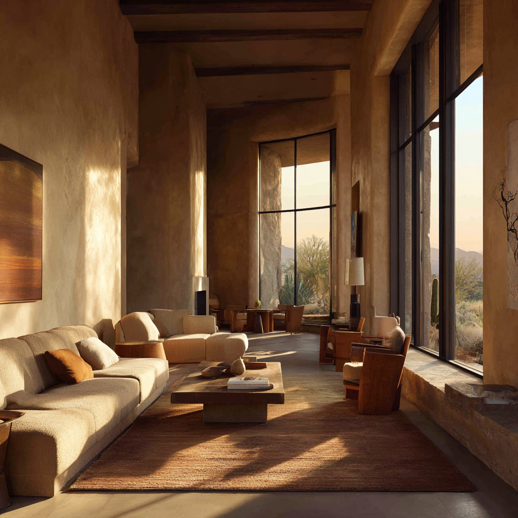 Desert modern interior with clay-toned walls, expansive windows, and earthy neutral furnishings in warm sunlight.
