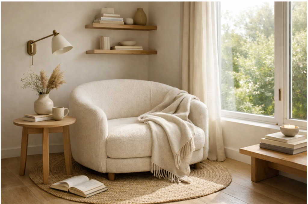 Comfy armchair with wool throw.
