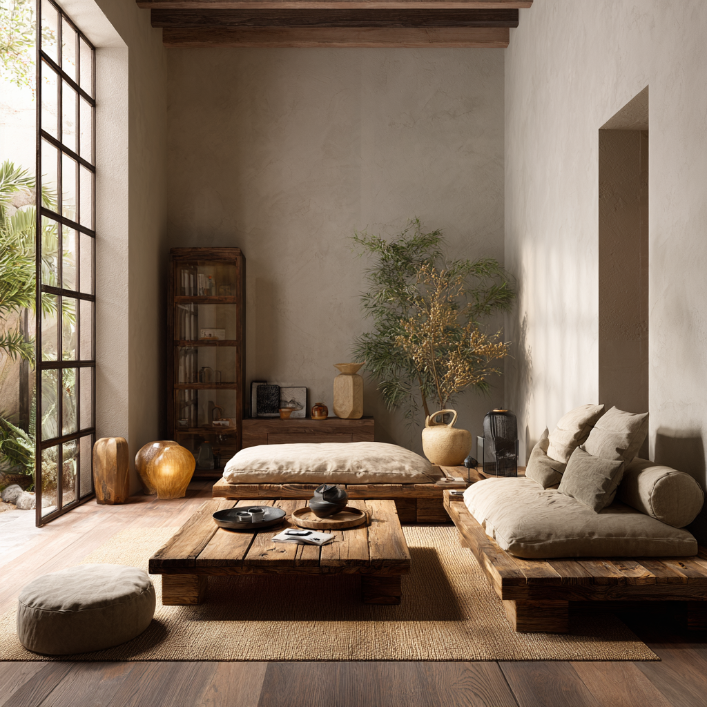 Japandi-style interior with low-profile wood furniture, muted neutral tones, and intentional open space.
