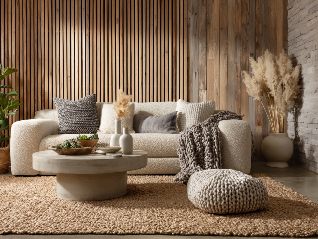 Japandi textural layers in living room.