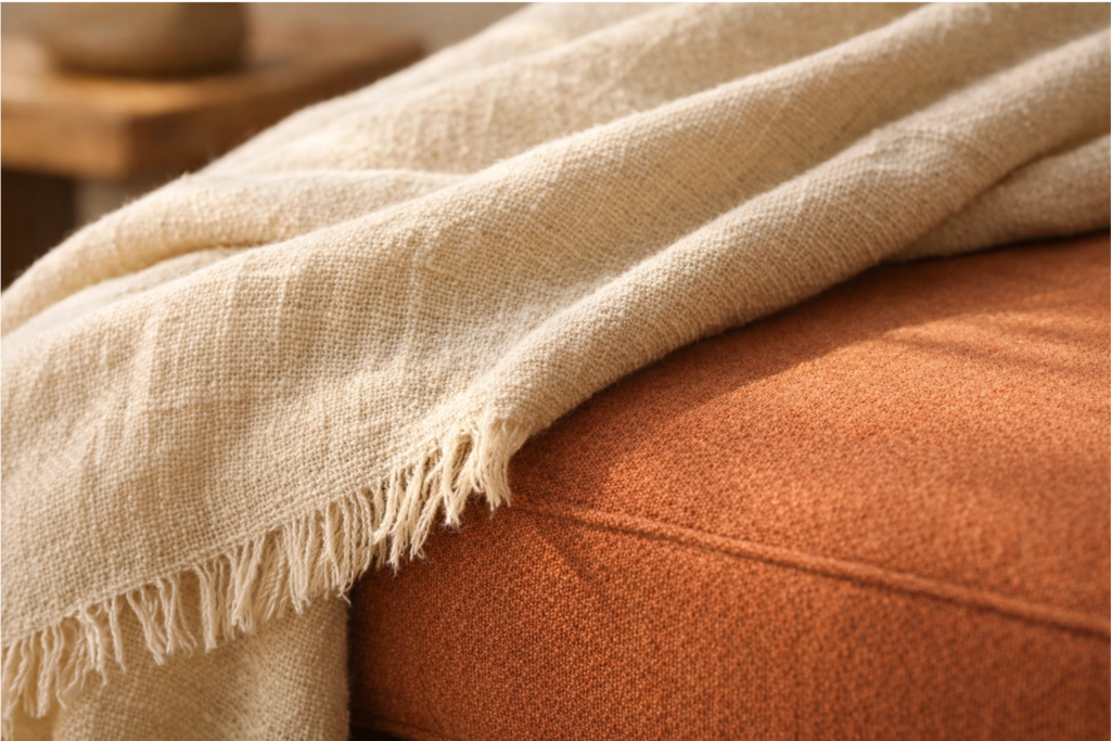 Close-up of linen throw and terracotta sofa texture.