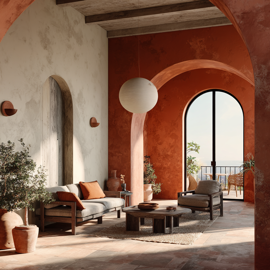 Modern Mediterranean interior with limewashed walls, soft arches, and warm terracotta undertones in natural light.
