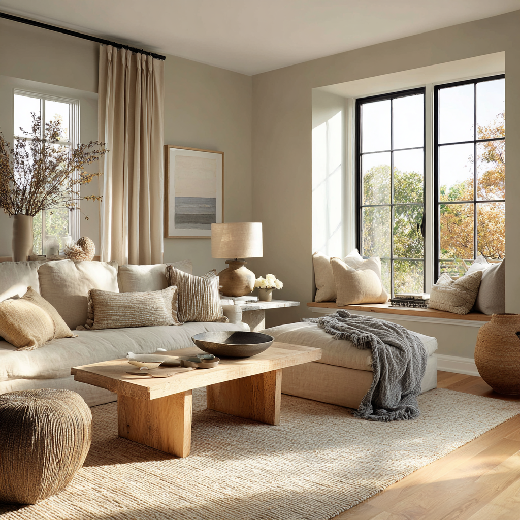 Soft, light-filled living room with neutral tones, linen upholstery, natural wood, and gentle layered textures creating a calm, lived-in atmosphere.