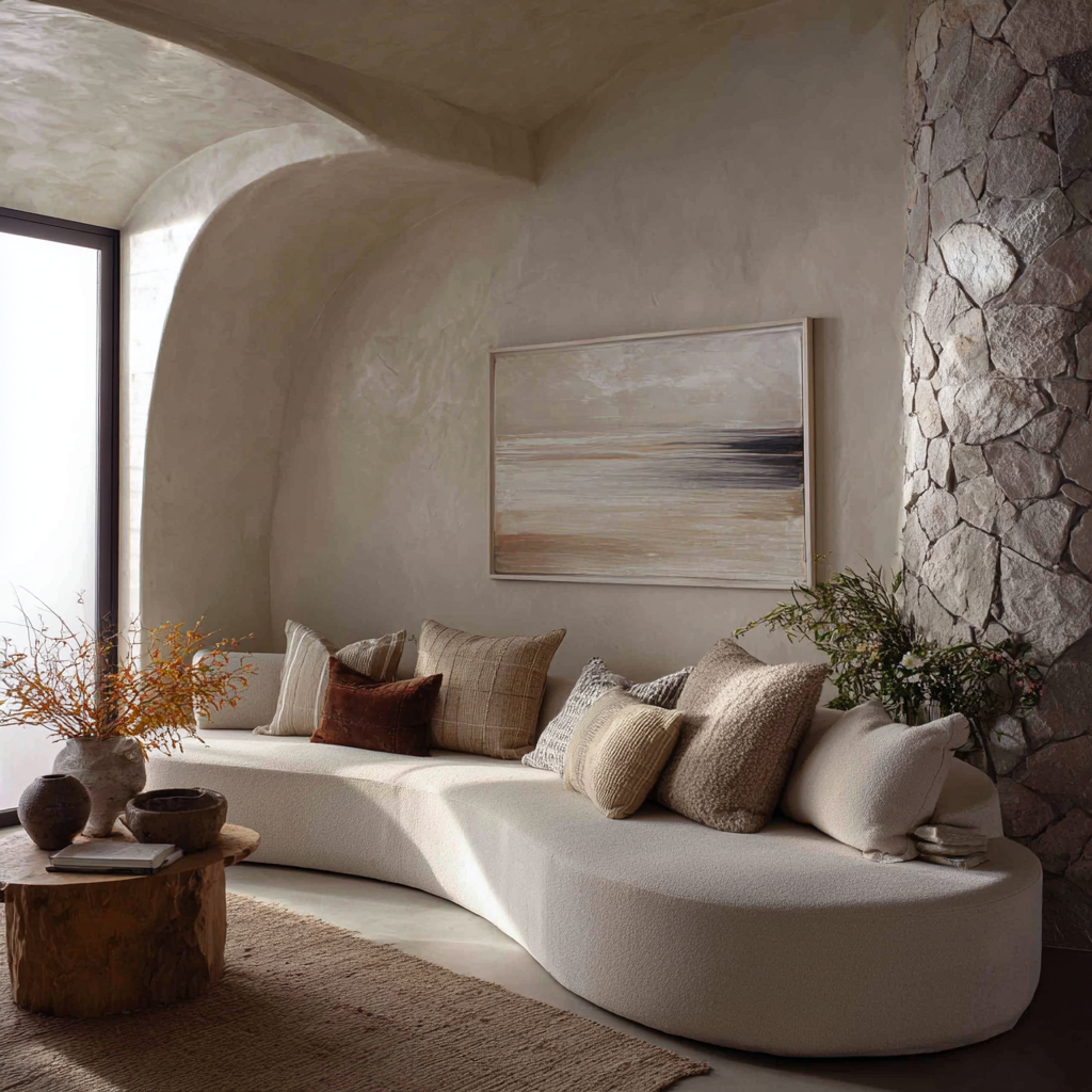 Organic modern interior with curved sofa, textured plaster walls, stone accents, and layered warm neutrals.