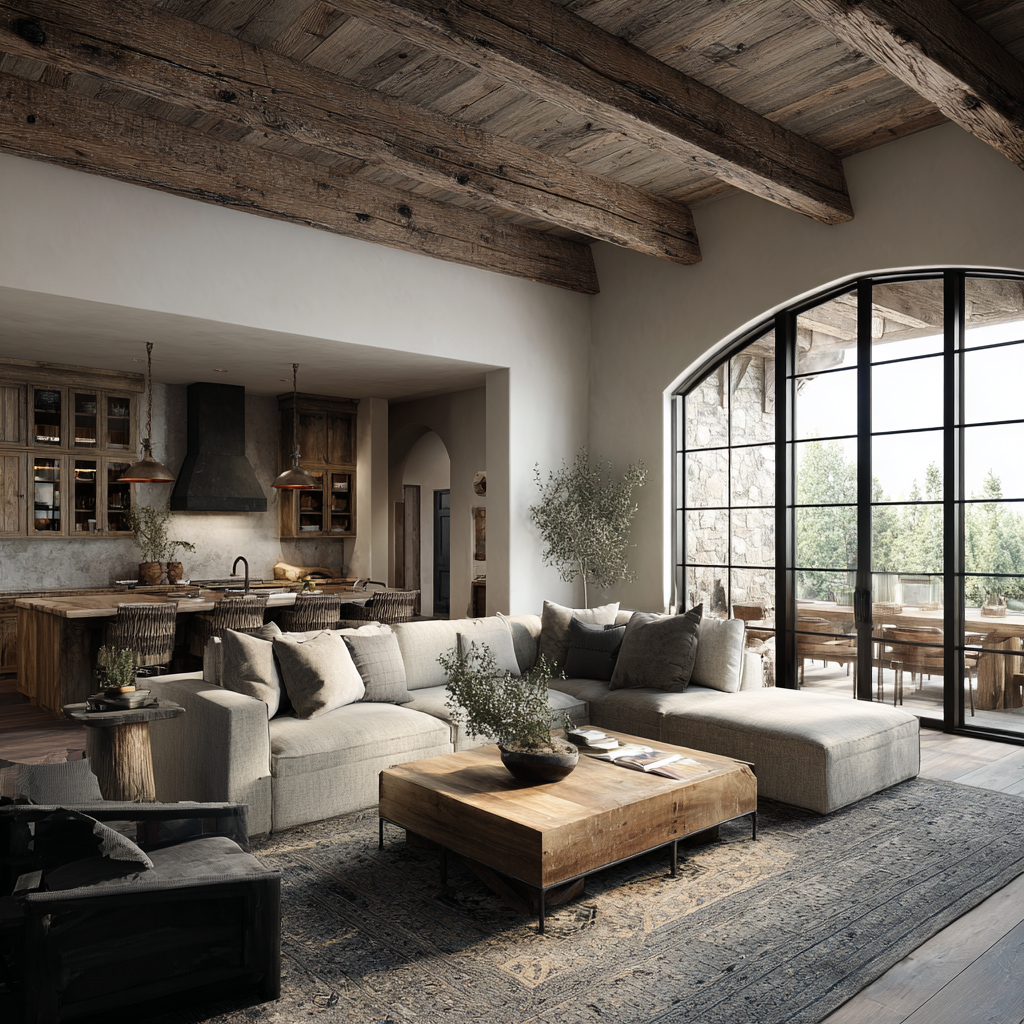 Rustic modern interior featuring exposed wood beams, neutral tones, and grounded natural textures.
