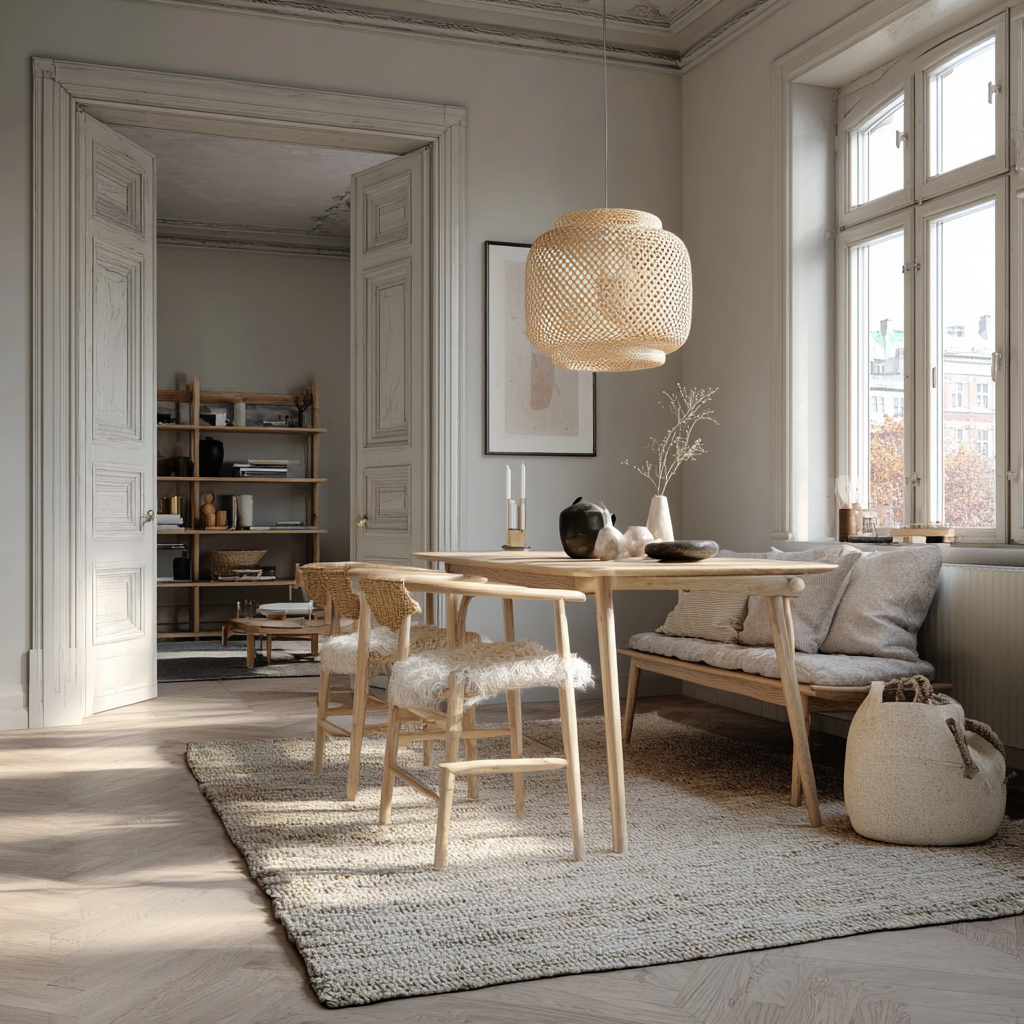 Scandinavian interior with pale wood furniture, soft daylight, and neutral textiles creating an airy yet warm atmosphere.
