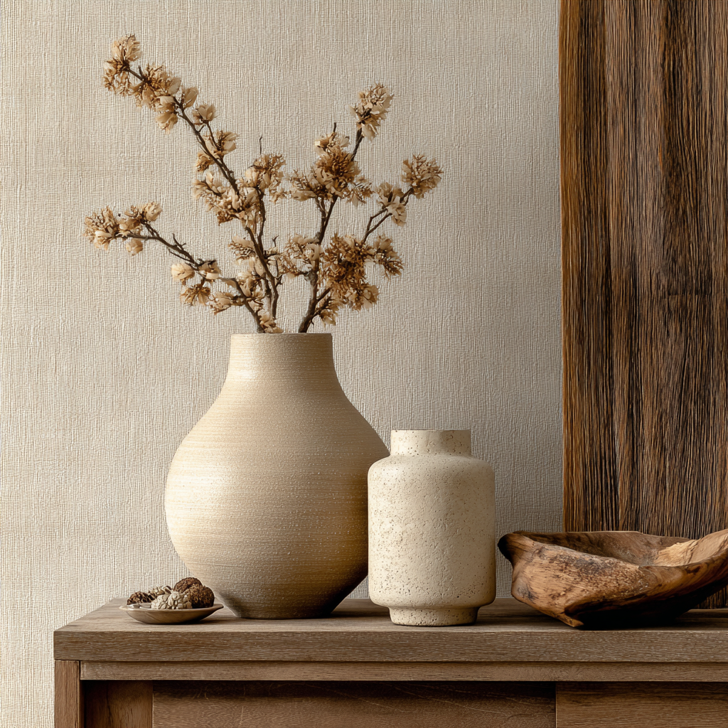 warm neutral minimalist interior with natural textures