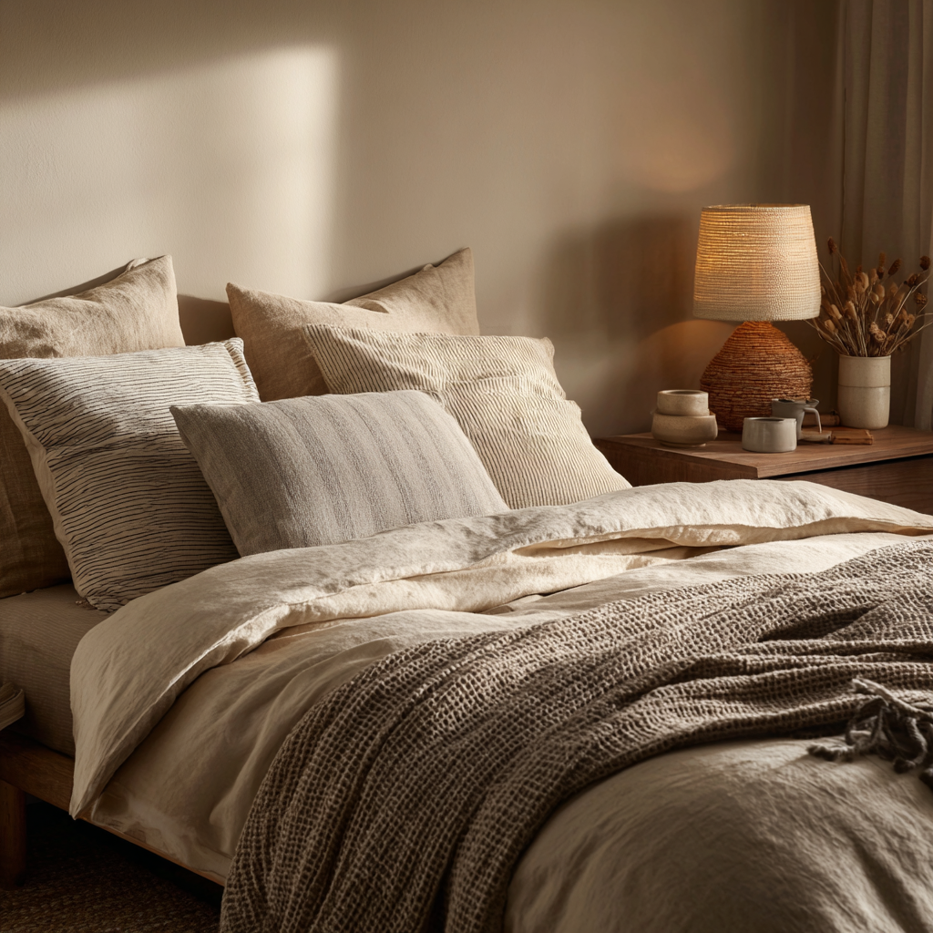 cozy minimalist bedroom with warm beige tones and layered bedding