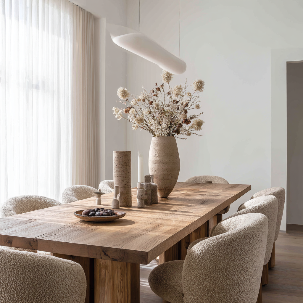 warm minimalist dining room with wooden table and soft neutral decor