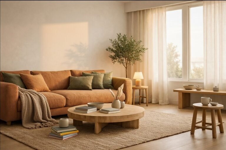 warm minimalist interior with terracotta sofa