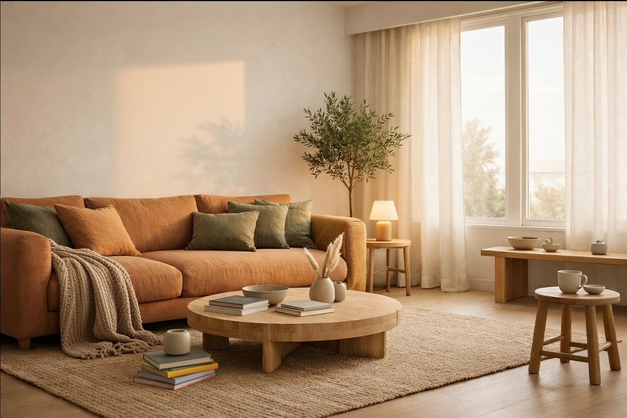 warm minimalist interior with terracotta sofa