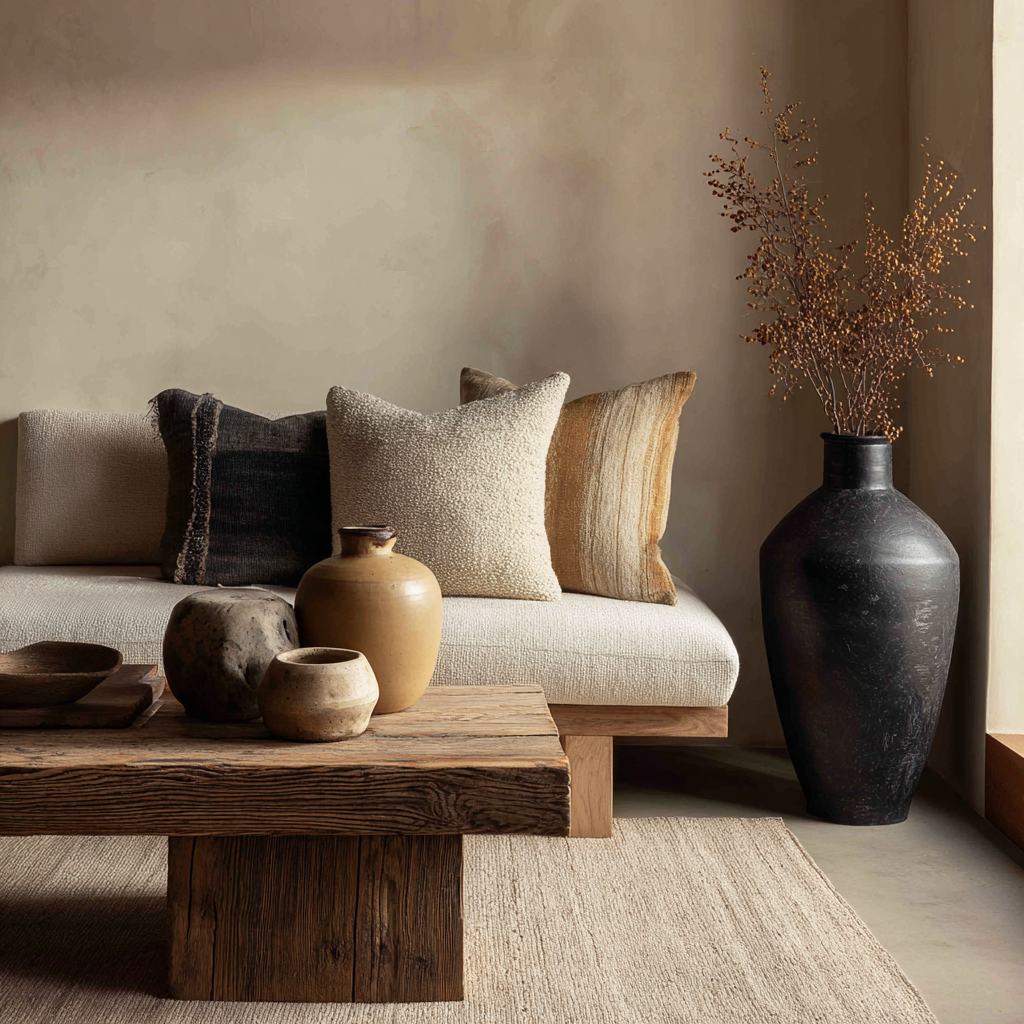 minimalist living room styled with layered neutral textures