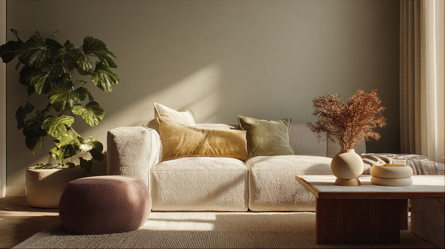 warm minimalist living room with neutral sofa and large plant.