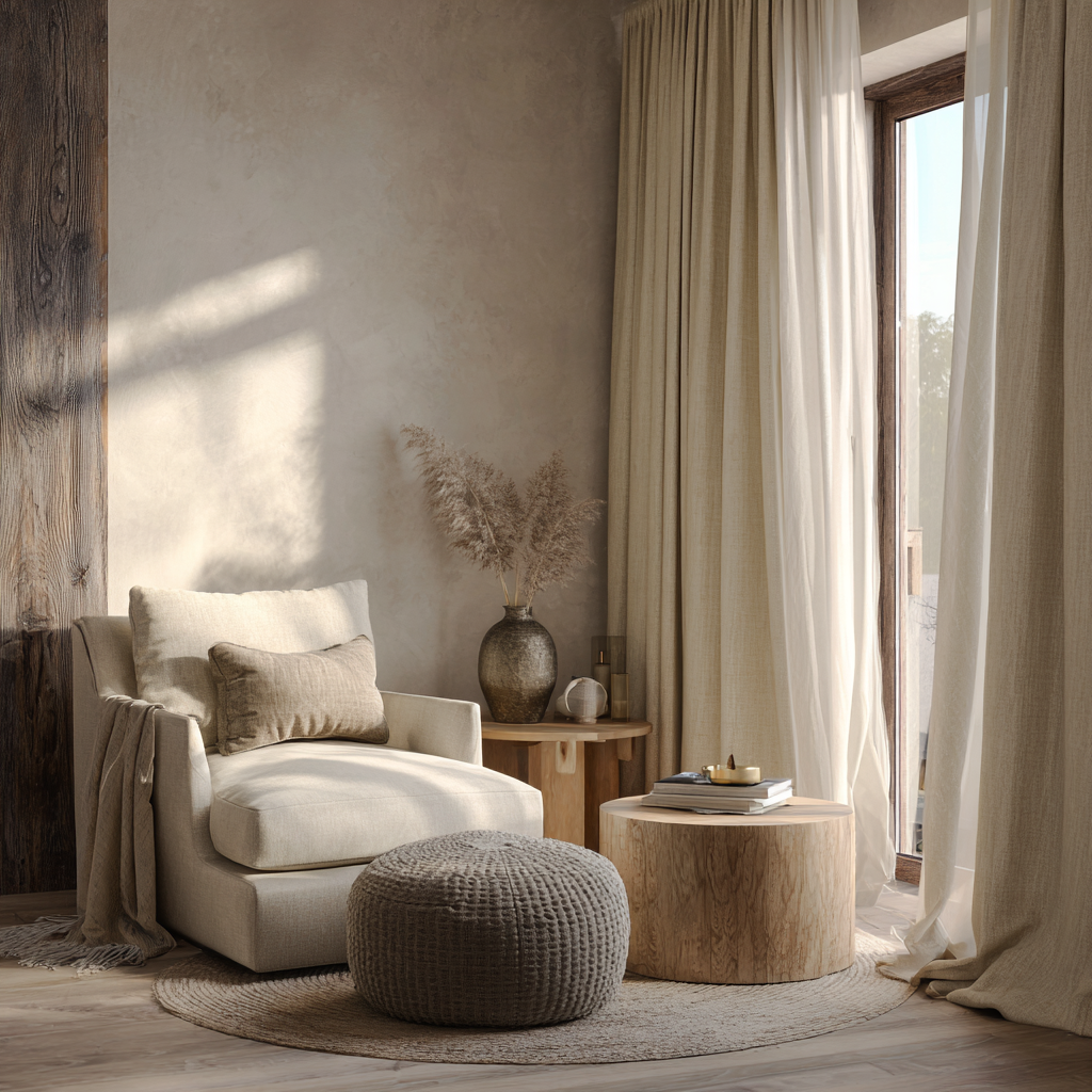 warm minimalist sitting area with neutral colrs, cozy armchair with throw.
