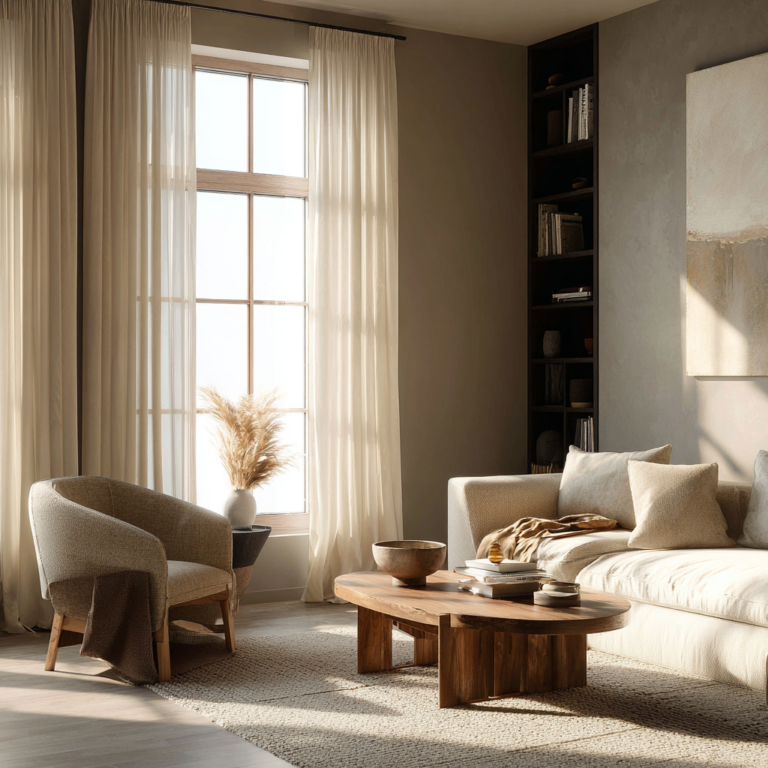 Warm minimalist sunlit living room, layered neutrals, wood tones, linen curtains, soft shadows