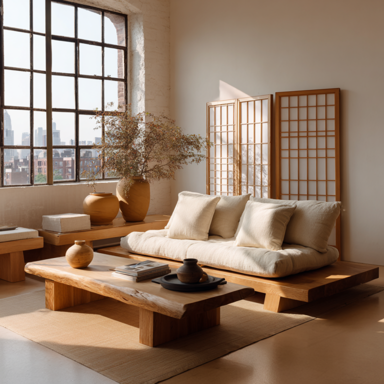 (Insert image here: A Japandi living room with low-profile oak furniture, neutral linen seating, shoji-style panels, warm wood tones, and a single ceramic vase.)