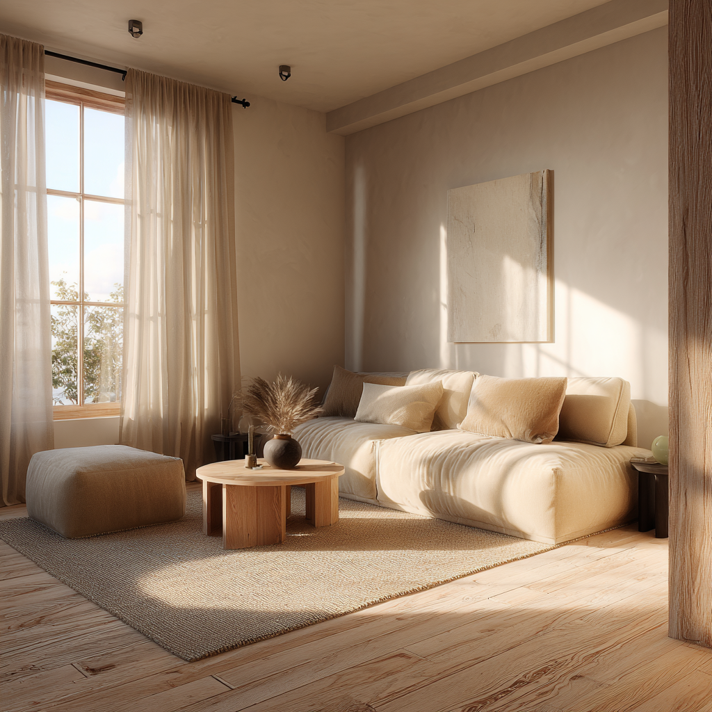 Warm minimalist sunlit living room, layered neutrals, wood tones, linen curtains, soft shadows