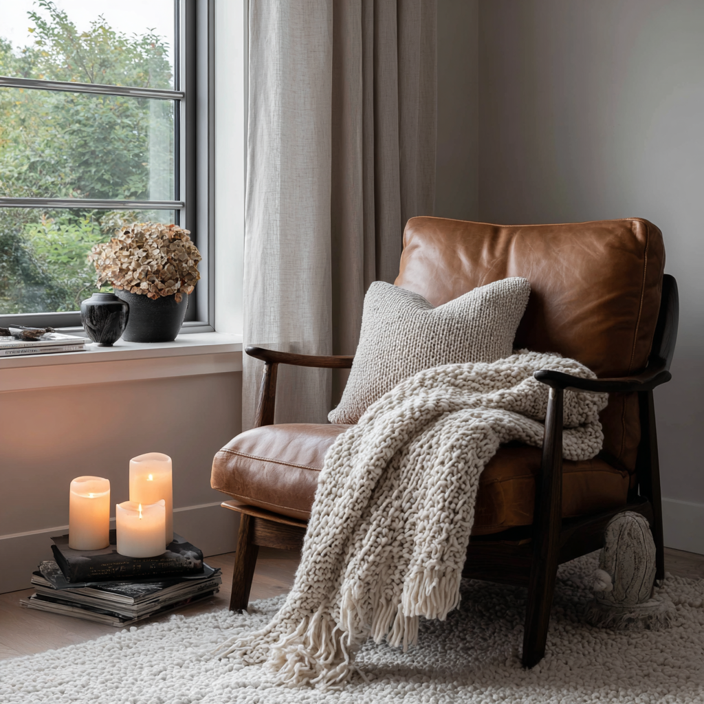 cozy scandinavian hygge nook with leather chair and wool throw.