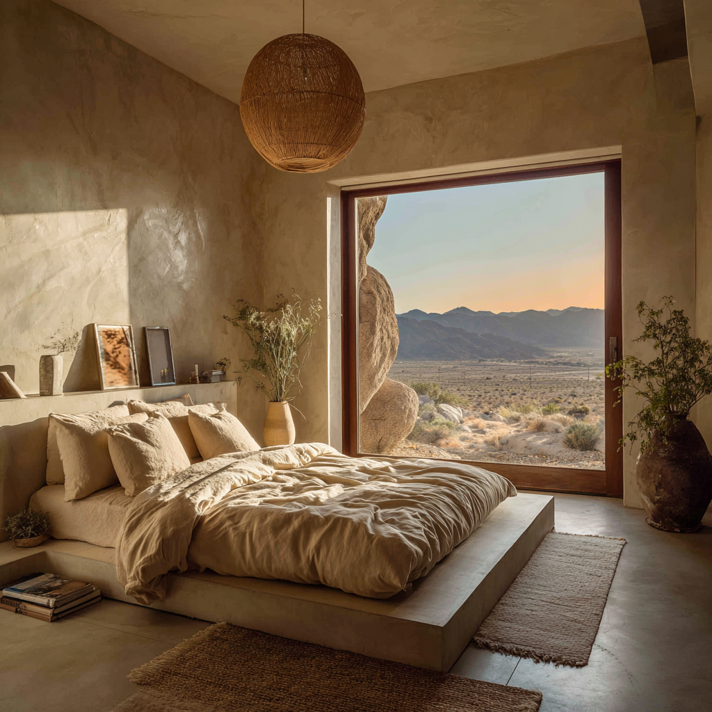 Desert Modern bedroom, low platform bed in sand-colored linen, plaster walls, woven pendant light, large window framing desert view, warm sunset glow, ultra soft airy architectural photography
