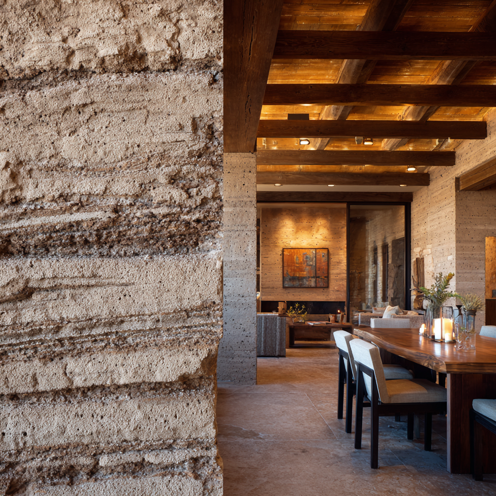 Desert Modern close-up detail of rammed earth wall, wood ceiling beams, linen upholstery, and stone flooring demonstrating material layering.