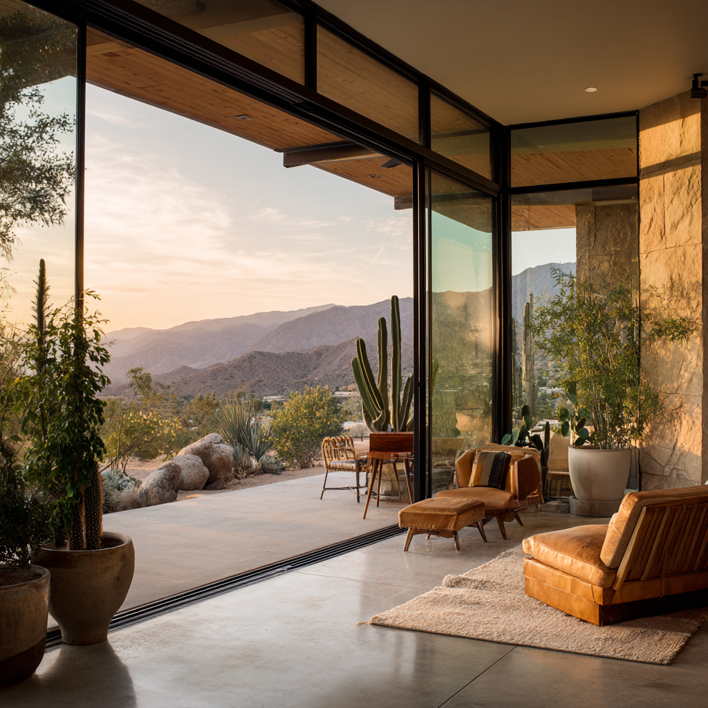 Desert Modern interior opening to covered patio with desert plants, large sliding glass doors, concrete floor extending outdoors, potted cacti, warm sunset light, ultra soft airy architectural photography