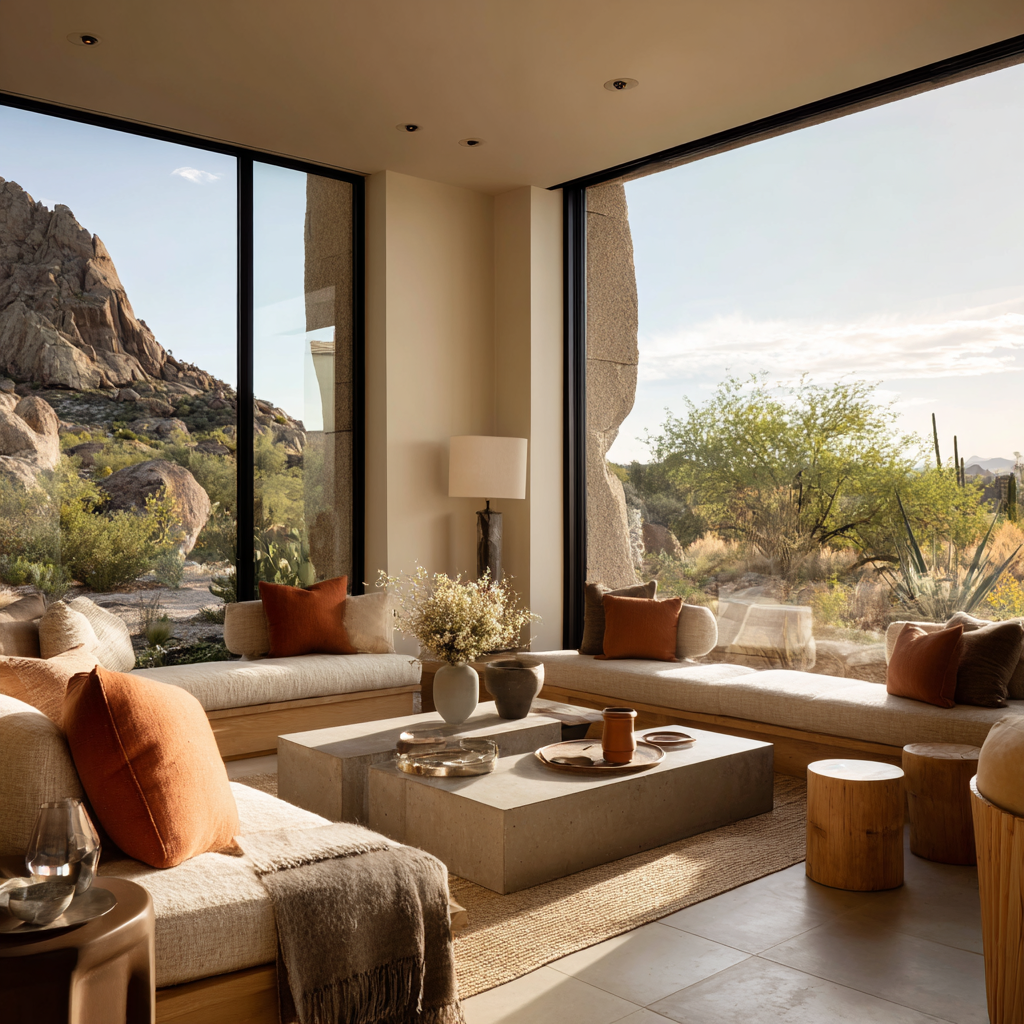 Desert Modern design living room with floor-to-ceiling windows overlooking desert landscape, low-profile linen seating, terracotta accents, and warm neutral palette.