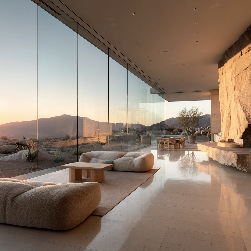 Desert Modern open-plan space, expansive glass walls, natural stone floor, minimal furniture, golden hour light, desert landscape beyond, serene and spacious mood, ultra soft airy architectural photography