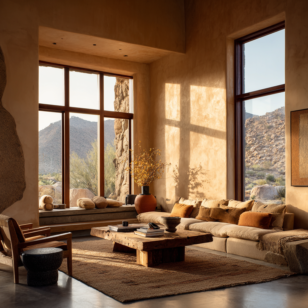 Desert modern interior with clay-toned walls, expansive windows, and earthy neutral furnishings in warm sunlight.