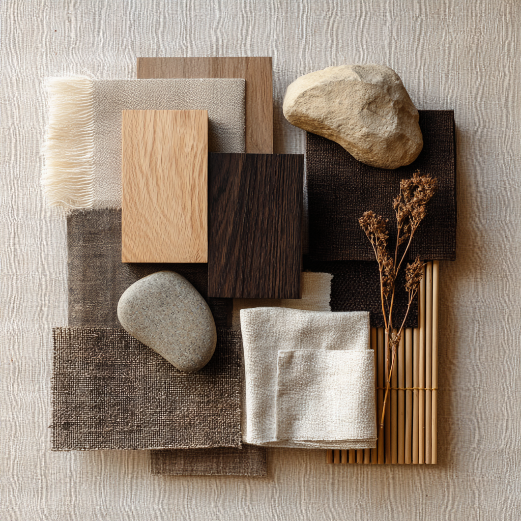 Japandi material flat lay, light oak sample, dark walnut wood, linen fabric, stone texture, bamboo detail, neutral earth palette, arranged minimally on natural background, ultra soft airy editorial photography