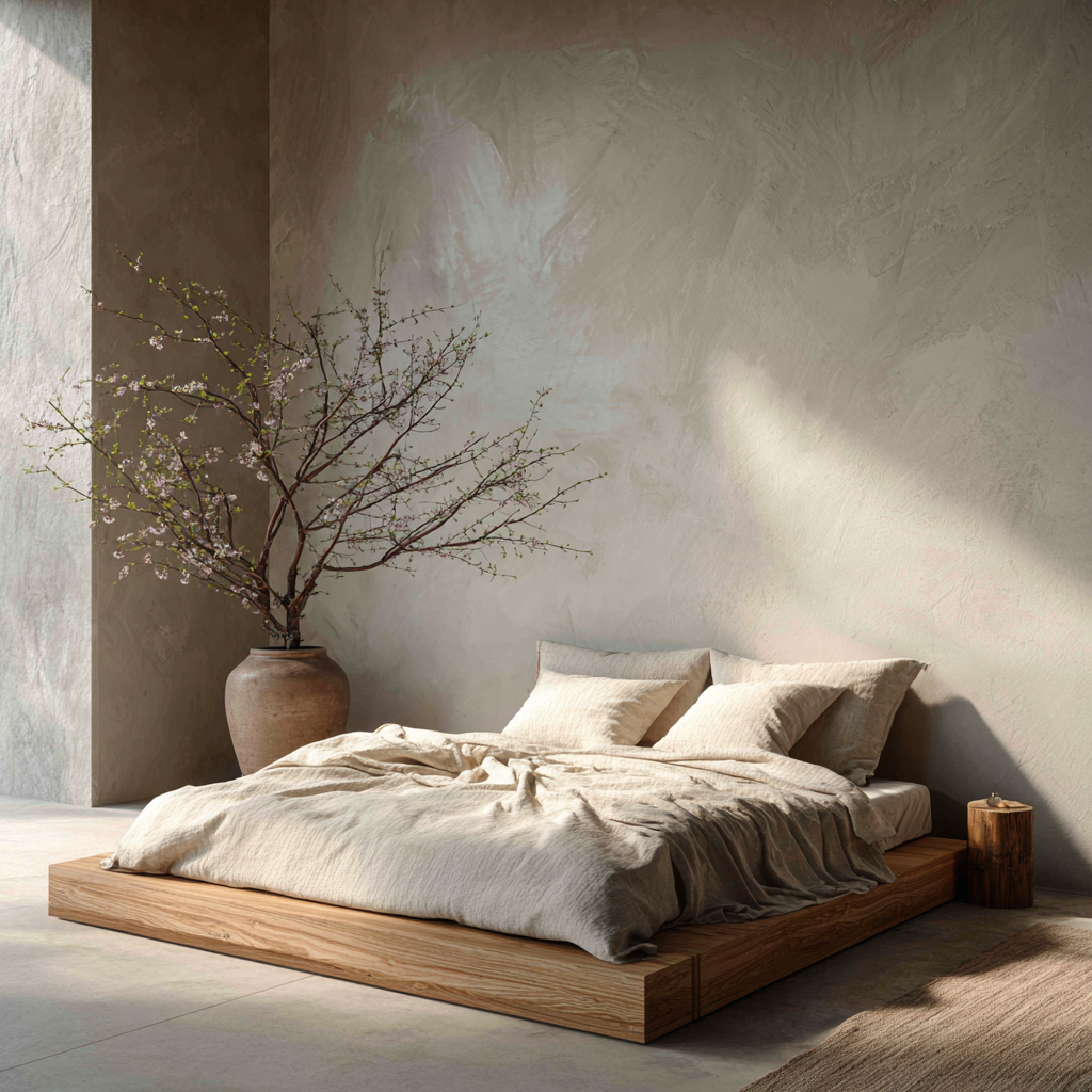 Japandi bedroom, low platform bed in light wood, linen bedding in warm white, single branch in ceramic vase, textured plaster wall, soft filtered daylight, minimal and serene, ultra soft airy magazine photography, warm neutral color grading, natural light, soft shadows
