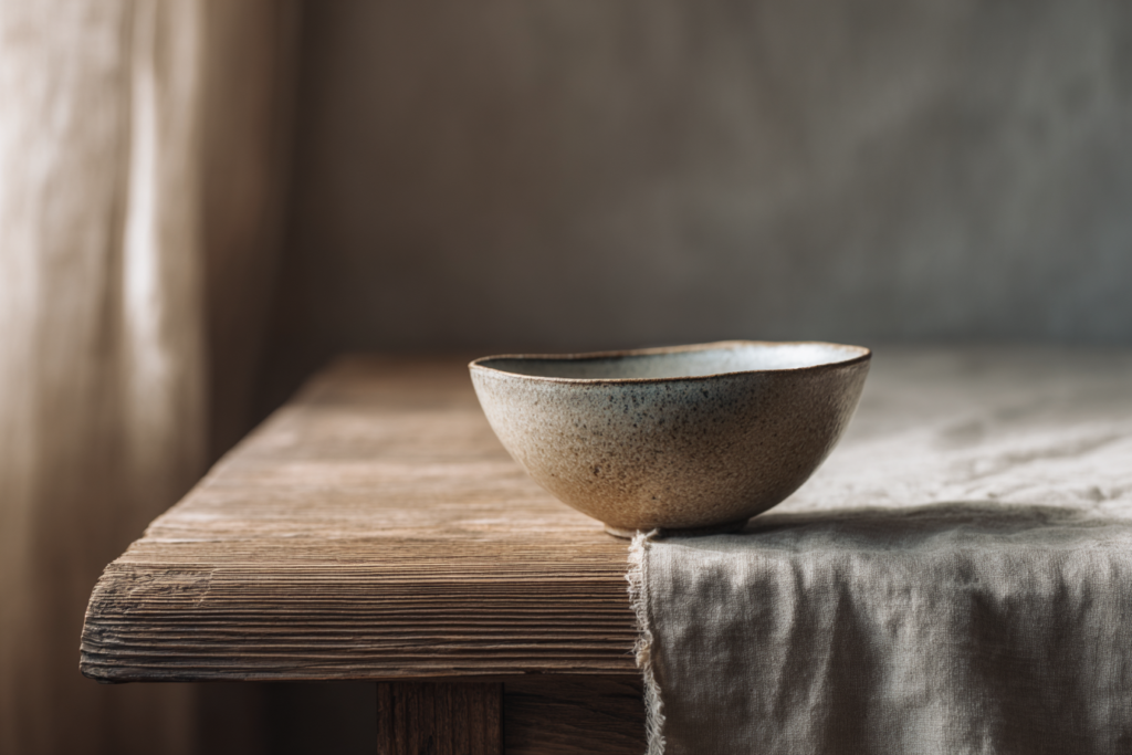 Japandi interior detail, handmade ceramic bowl, linen fabric, wooden table with natural grain, soft sunlight, wabi sabi aesthetic, calm minimal styling, Japanese Scandinavian design harmony, editorial interior photography 