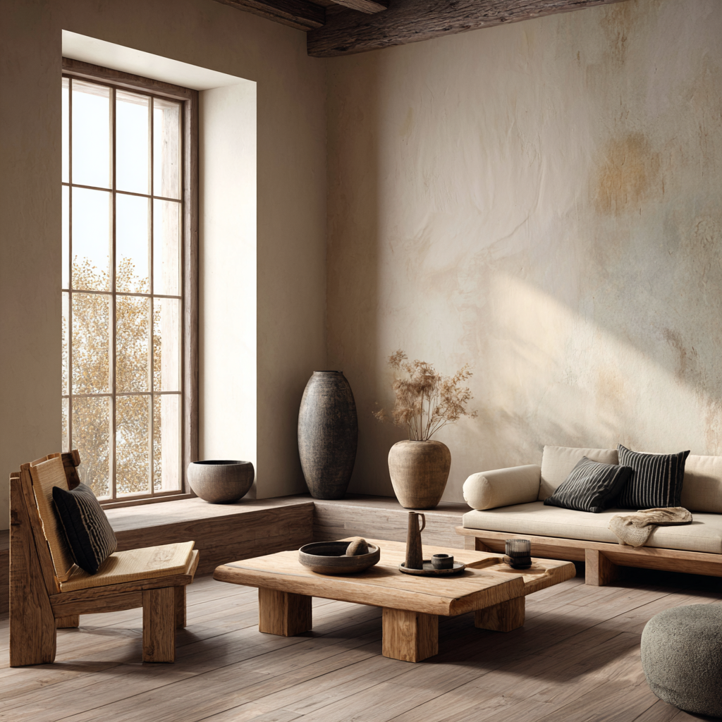 A serene Japandi living room with low wood furniture, neutral earth tones, textured plaster walls, ceramic vases, soft natural light, minimalist Japanese Scandinavian fusion interior, wabi sabi atmosphere