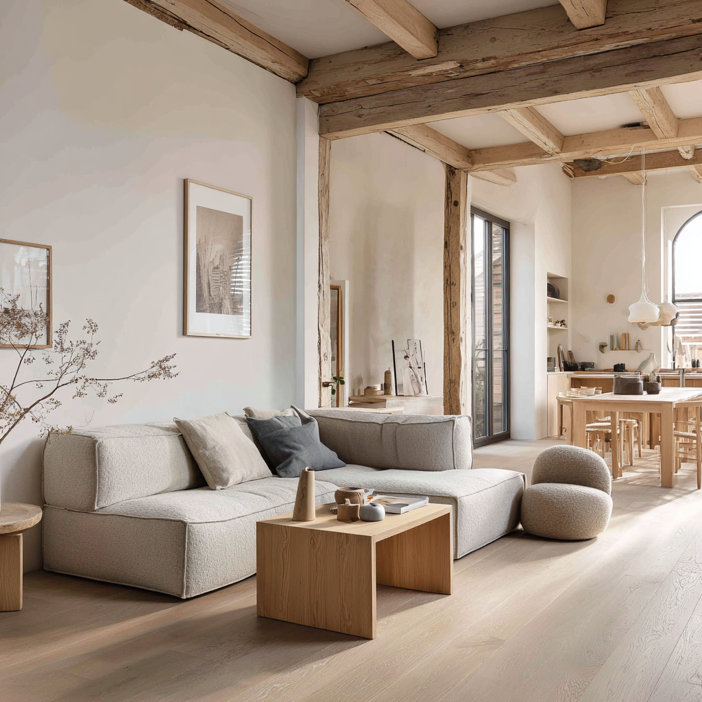 Japandi design open plan living room and dining room