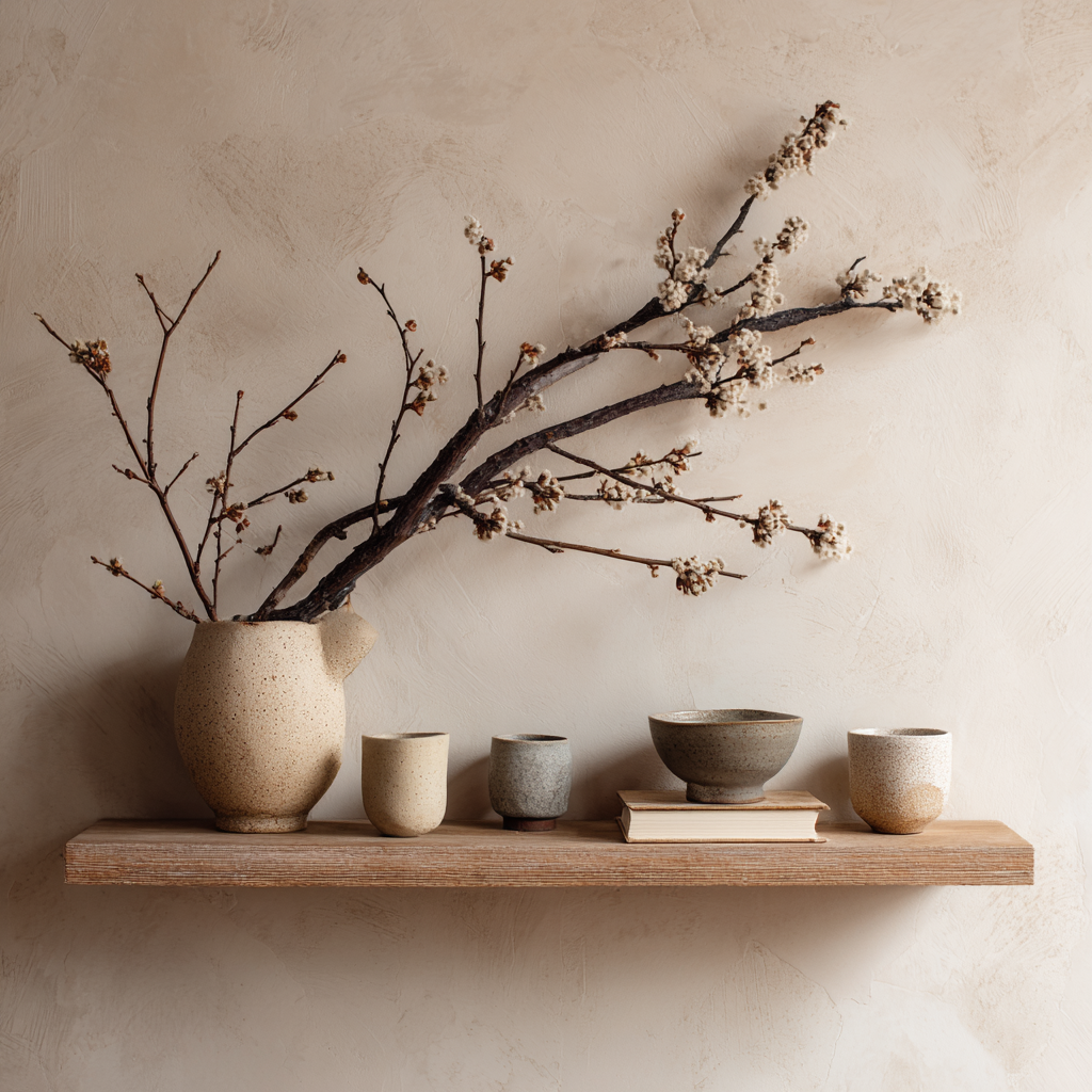 Japandi shelf styling with handmade ceramics, simple branch arrangement, textured neutral wall, quiet minimal Japanese Scandinavian aesthetic