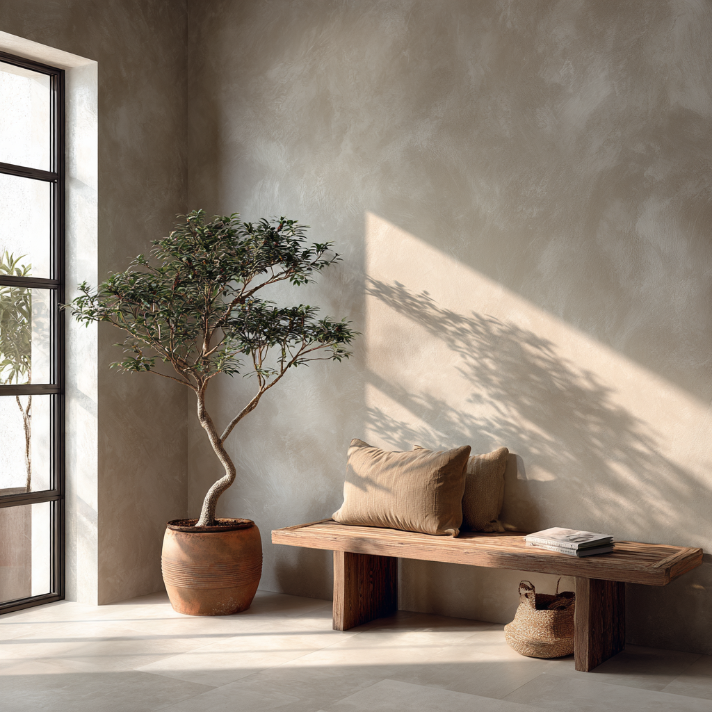 Japandi sunlit corner with bench and large potted plant.