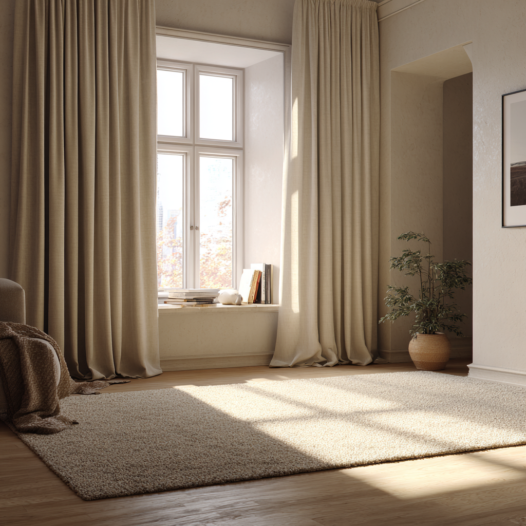 Minimalist living room interior, morning light, linen curtains, wool rug, warm neutral tones, soft shadows, no people, editorial photography, calm atmosphere