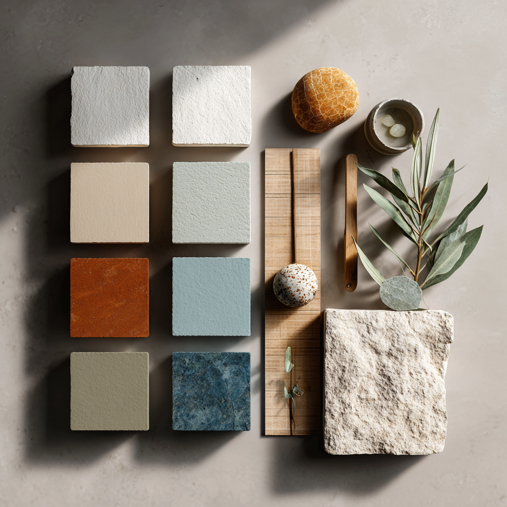 Modern Mediterranean color palette with warm white, sandy beige, terracotta, soft blue, sage green, and natural material samples
