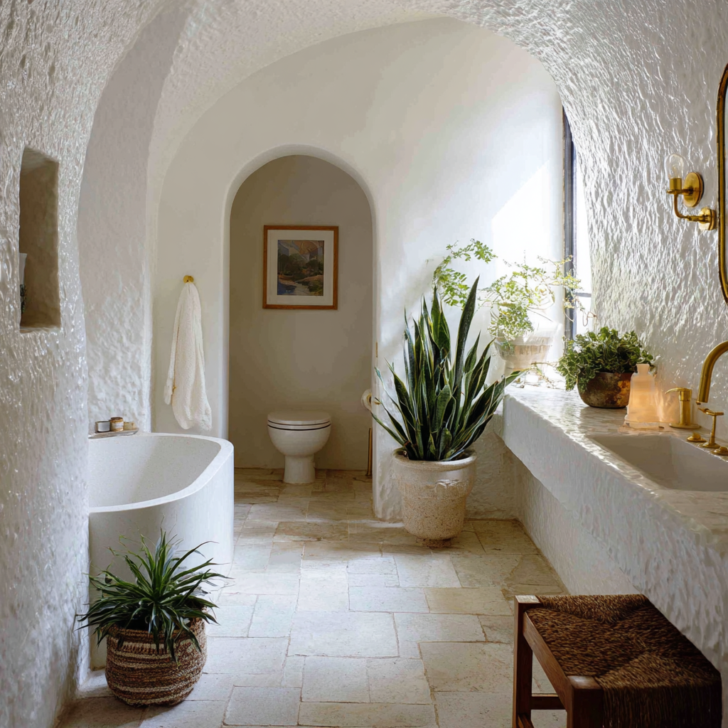 Modern Mediterranean bathroom with textured white walls, stone tile flooring, brass fixtures, and potted succulent.