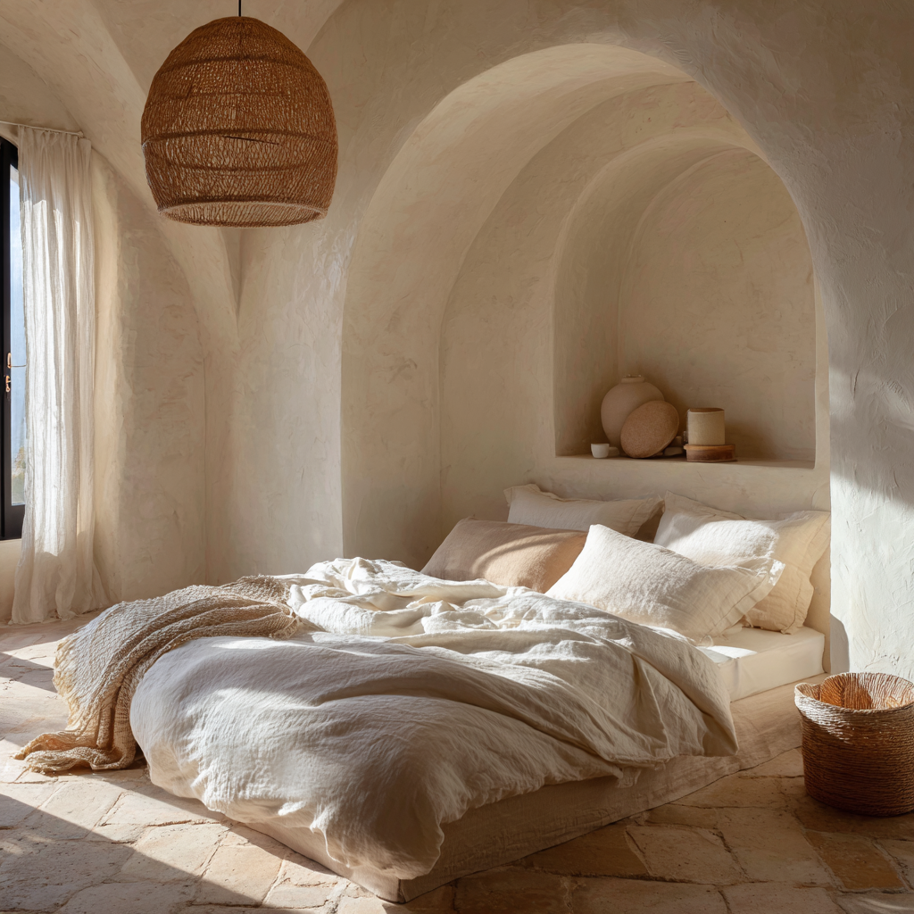 Modern Mediterranean bedroom, linen bedding in warm white and sand tones, plaster walls, arched niche, woven pendant light, natural stone flooring, soft morning sunlight, ultra soft airy magazine photography
