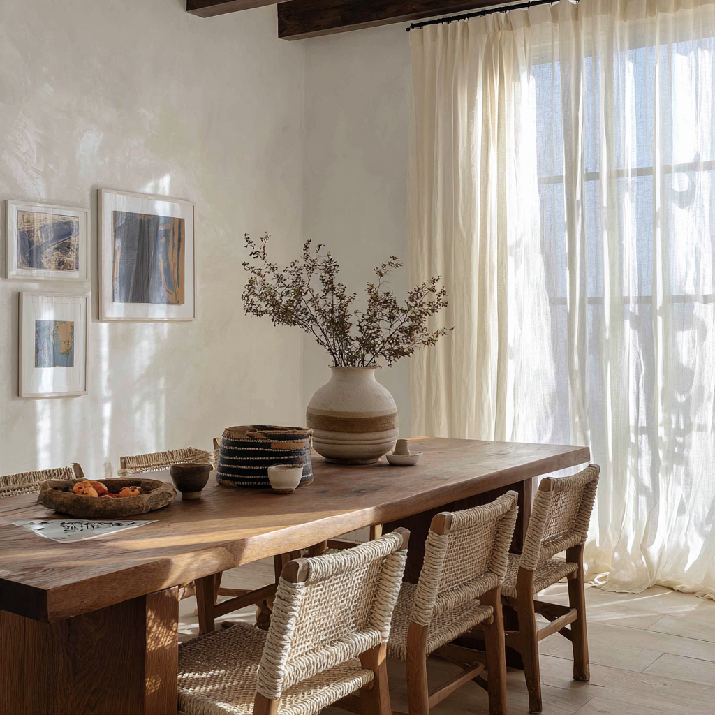 Modern Mediterranean dining room, solid wood table, simple woven chairs, ceramic centerpiece, white plaster walls, sunlight filtering through sheer linen curtains, ultra soft airy magazine photography
