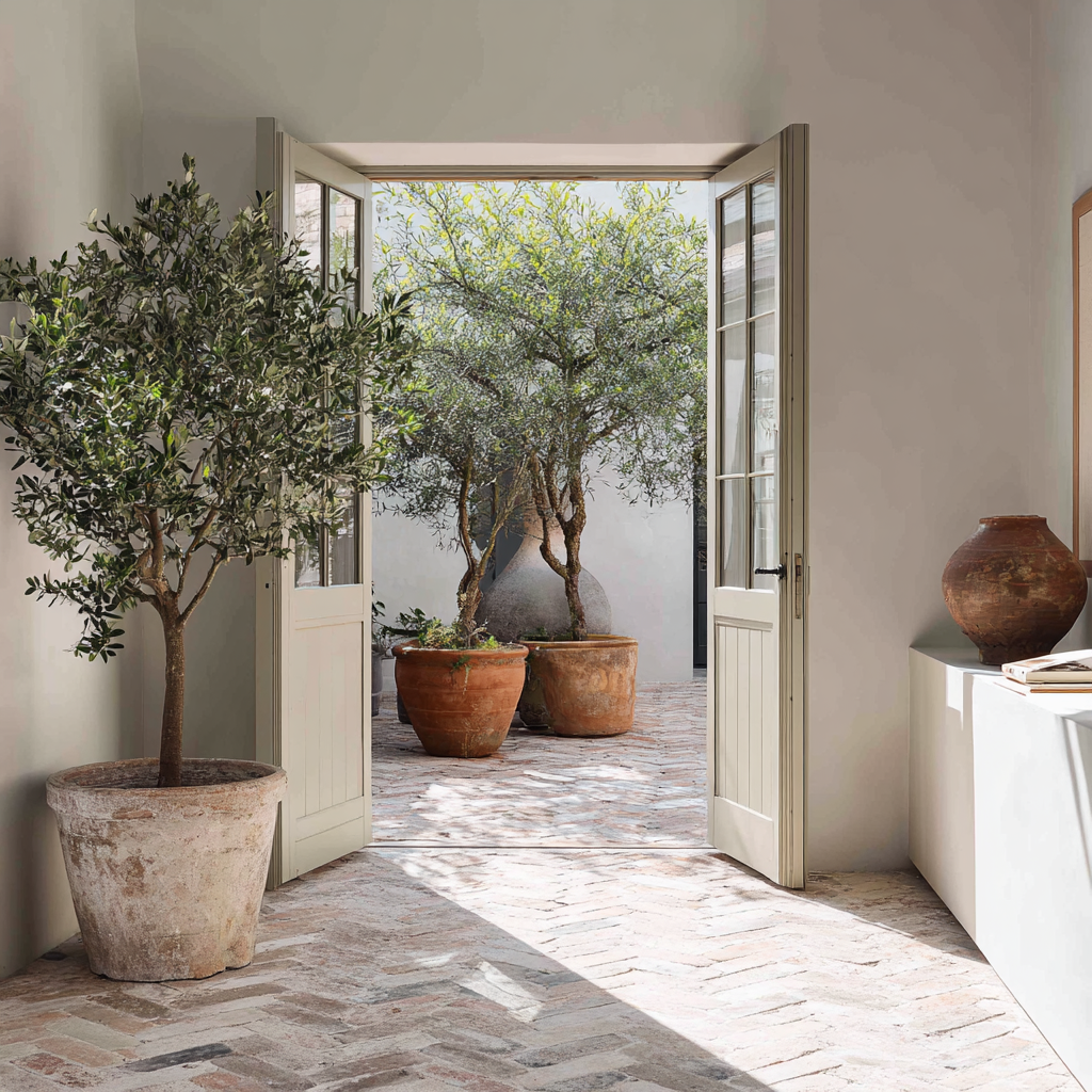 Modern Mediterranean interior opening to courtyard with potted olive trees and terracotta pavers.