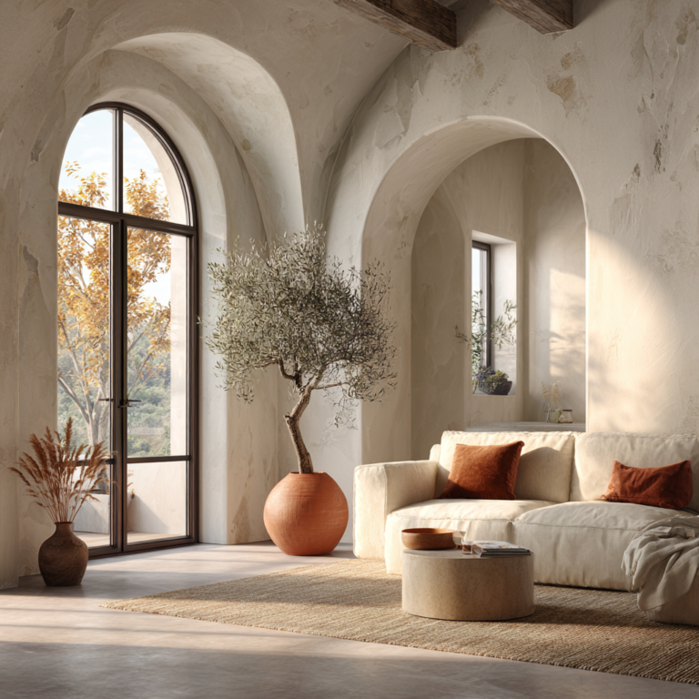 Modern Mediterranean living room, whitewashed plaster walls, arched doorway, linen sofa in warm white, terracotta accents, large arched windows with soft sunlight, seamless indoor outdoor connection, olive tree in ceramic pot, ultra soft airy magazine photography, warm sun-washed color grading