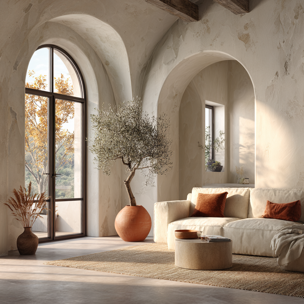 Modern Mediterranean living room, whitewashed plaster walls, arched doorway, linen sofa in warm white, terracotta accents, large arched windows with soft sunlight, seamless indoor outdoor connection, olive tree in ceramic pot, ultra soft airy magazine photography, warm sun-washed color grading