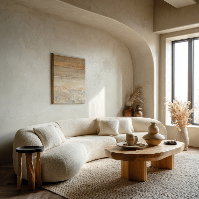 Organic Modern living room, curved cream sofa, sculptural wood coffee table, textured plaster walls, travertine accents, large window with soft natural daylight, minimal earthy styling, serene atmosphere, ultra soft airy magazine photography, warm neutral color grading, natural diffused light, soft shadows, minimal styling