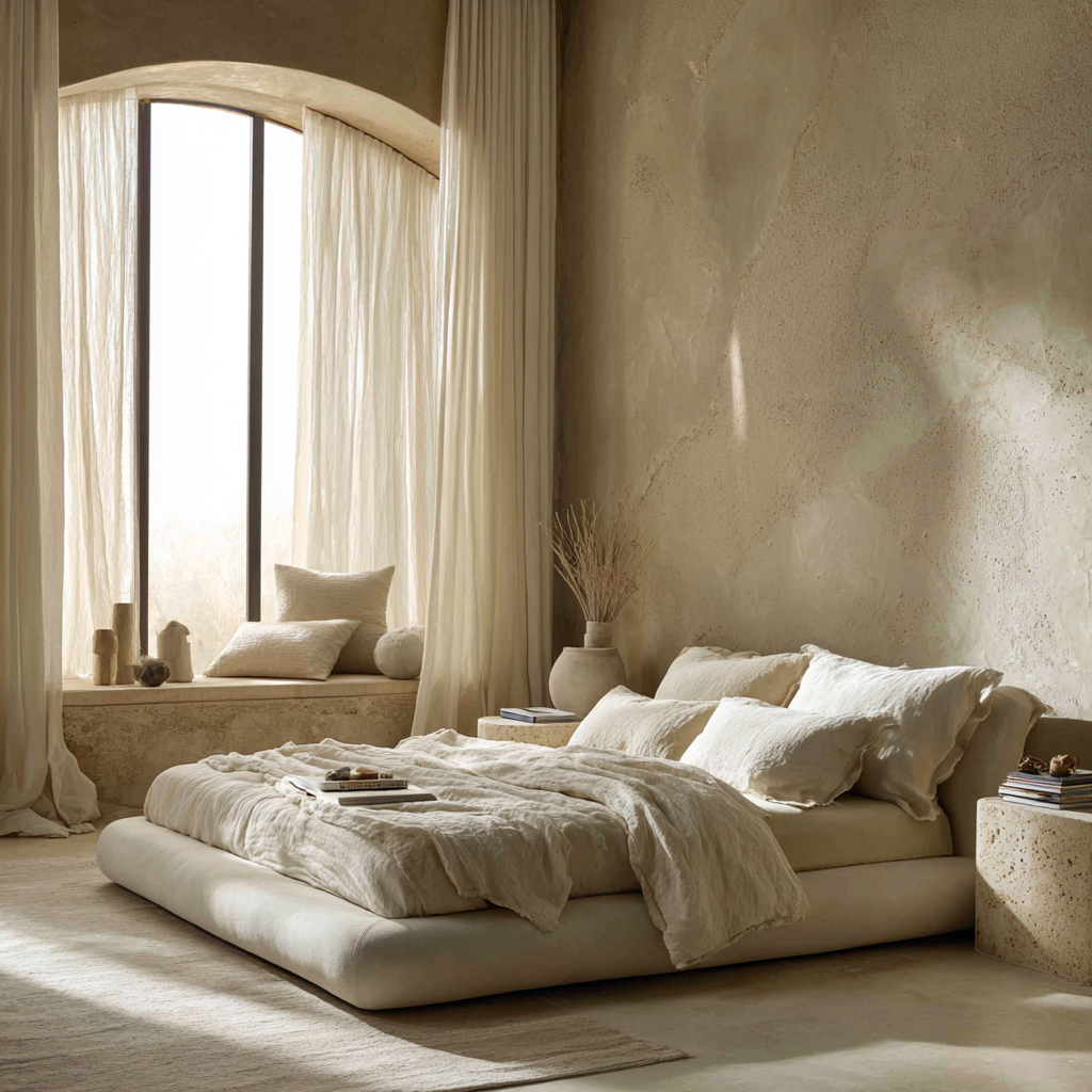 Organic Modern bedroom, platform bed with linen bedding, rounded edges, plaster walls in warm beige, travertine nightstand, large window with sheer curtains, soft morning light, ultra soft airy magazine photography
