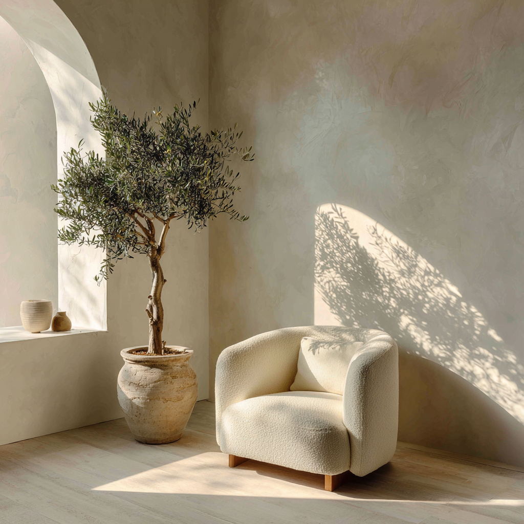 Organic Modern interior corner with olive tree and curved linen chair.
