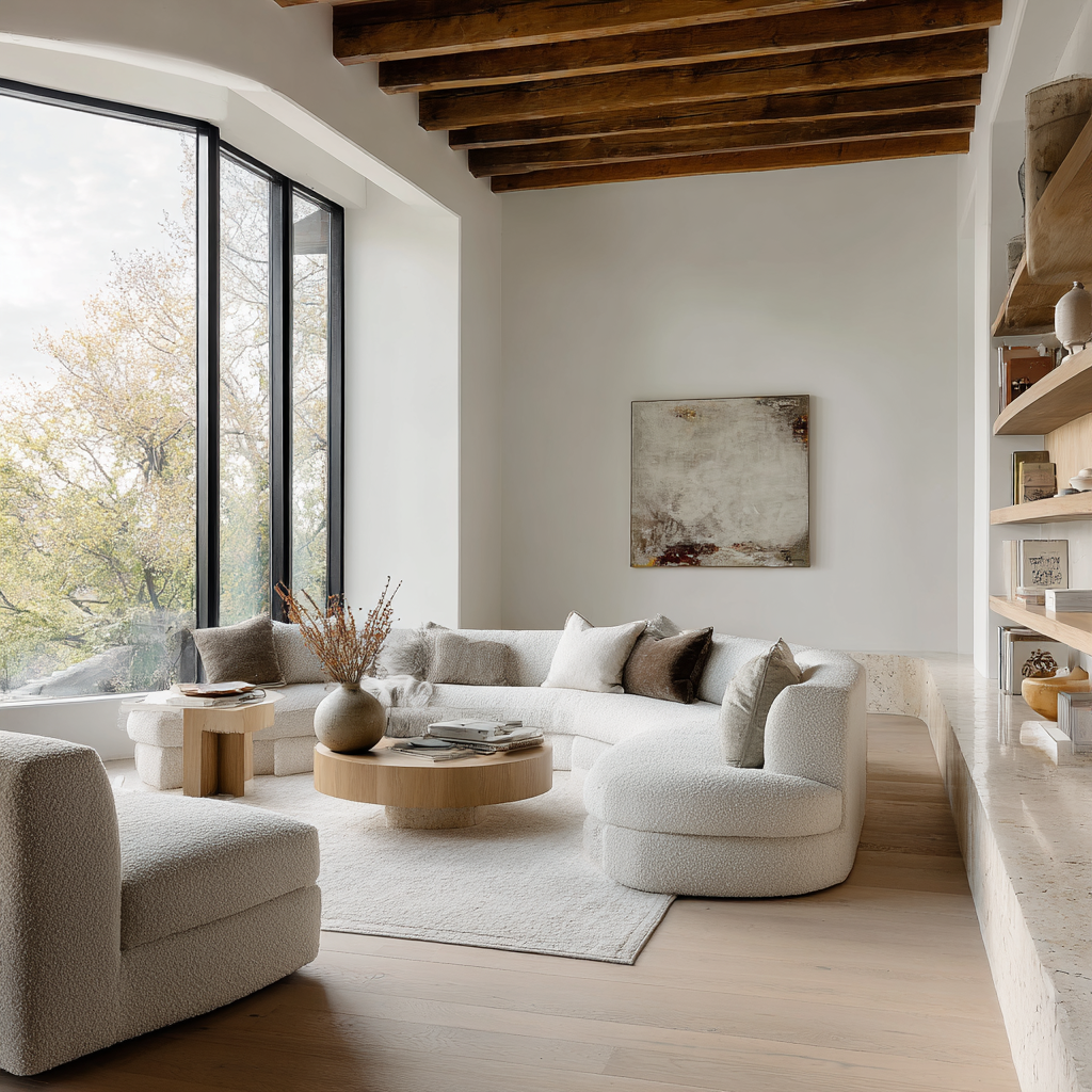 Organic Modern design open-plan space, layered neutral textures, curved furniture, warm wood, travertine accents, abundant natural light, calm and airy, ultra soft airy magazine photography
