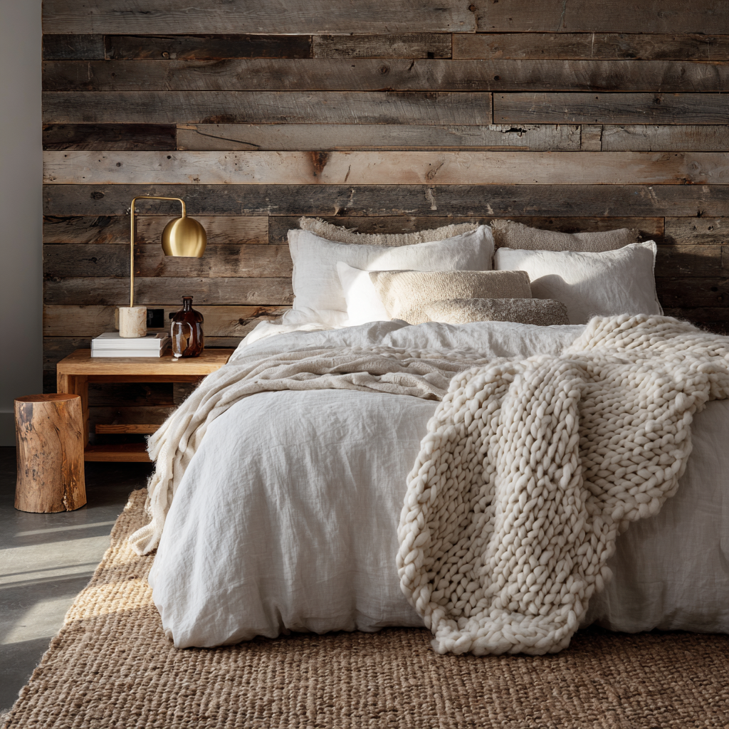 Rustic Modern bedroom, reclaimed wood headboard wall, white linen bedding, chunky knit throw, jute rug, brass bedside lamp, soft morning light, minimal styling, ultra soft airy grounded photography
