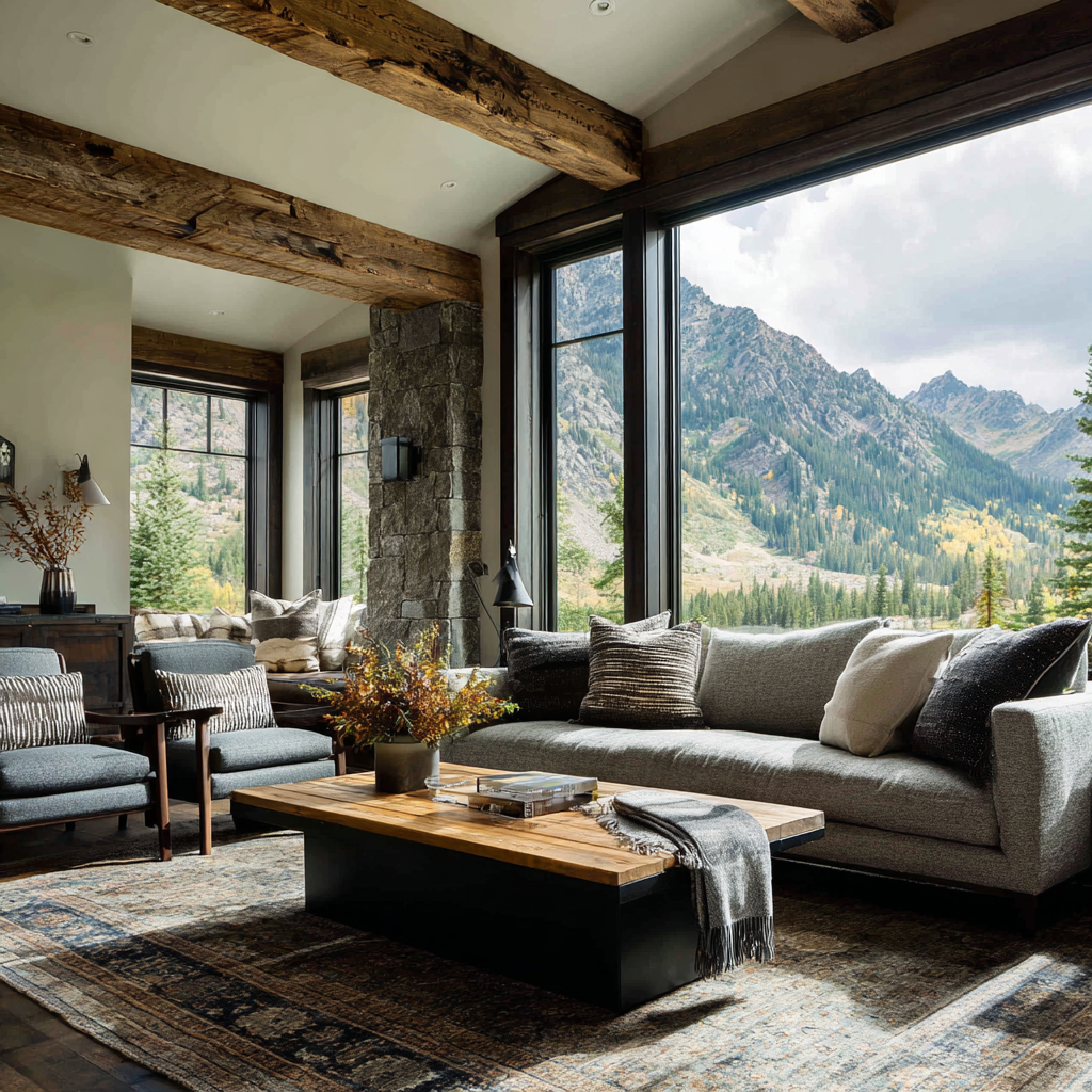 Rustic Modern design contemporary mountain retreat living area with exposed beams, modern seating, vintage rug, and large landscape windows